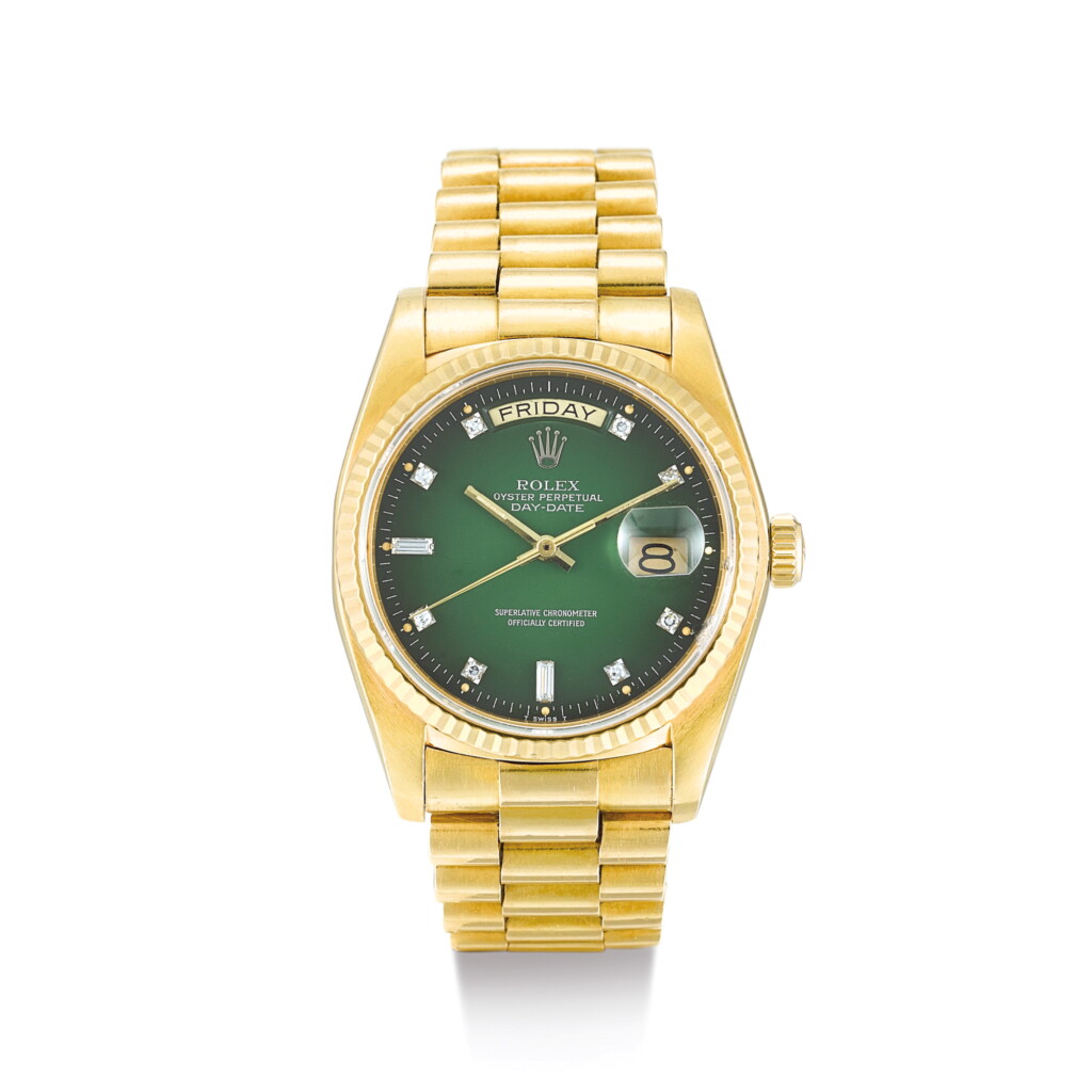 全螢幕檢視 - 查看2081ROLEX | DAY-DATE, REFERENCE 18038 A YELLOW GOLD AND DIAMOND-SET WRISTWATCH WITH DAY, DATE, GREEN DÉGRADÉ 'STELLA' DIAL AND BRACELET, CIRCA 1984" | 勞力士 | Day-Date 型號18038 黃金鑲鑽石鏈帶腕錶,備日期、星期顯示及綠色錶盤,錶殼編號8383267,約1984年製"的1