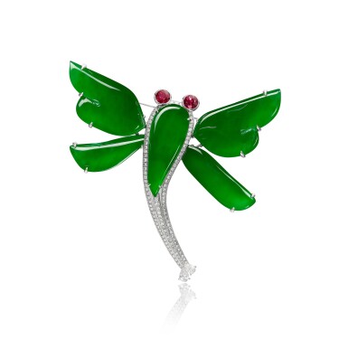 View full screen - View 1 of Lot 1819. Jadeite, Ruby and Diamond Brooch | 天然翡翠 配 紅寶石 及 鑽石 胸針.