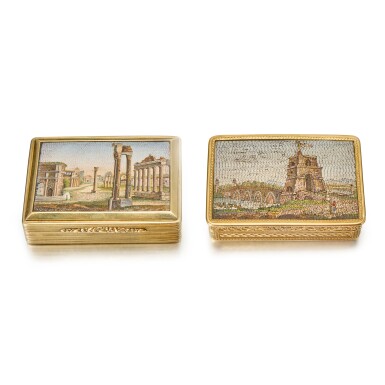 View full screen - View 1 of Lot 477. Two Micromosaic Snuff Boxes With Gold And Silver-gilt Mounts, Paris and Birmingham, Early 19th Century.