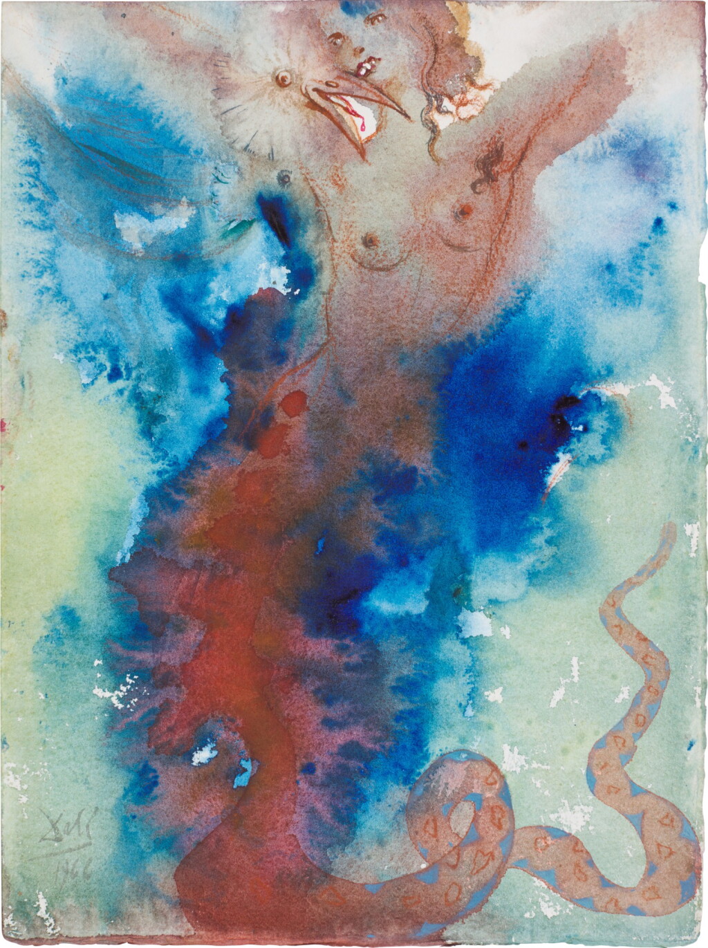 View full screen - View 1 of Lot 225. Sans titre, nu féminin avec tête d'oiseau et serpent or Serpente uccelo che becca donna nuda su sfondo bleu (Oiseau serpent picorant une femme nue sur fond bleu).