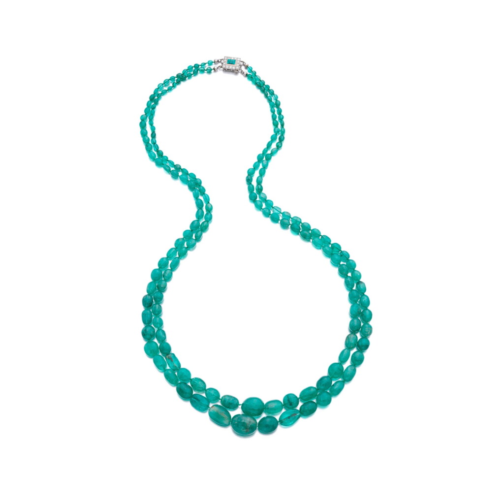 View full screen - View 1 of Lot 723. Emerald bead and diamond necklace.