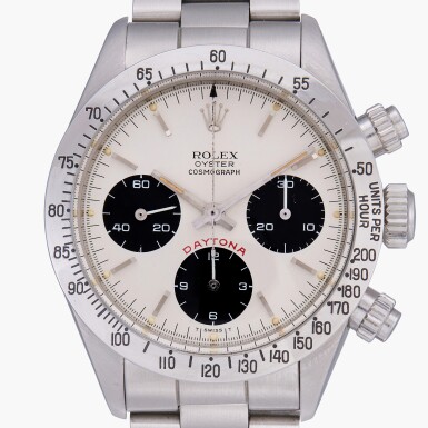View full screen - View 1 of Lot 115. Daytona 'Big Red', Reference 6265 | A stainless steel chronograph wristwatch with bracelet | Circa 1975.