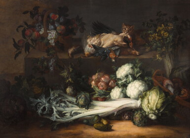 View full screen - View 1 of Lot 171. Still life with vegetables, fruit, game and a cat.