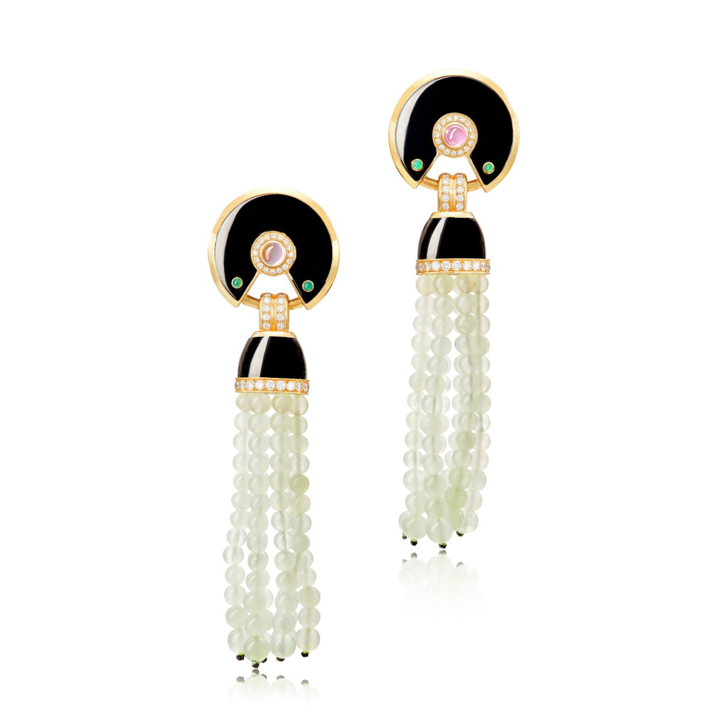 View full screen - View 1 of Lot 2816. Pair of 'Évasions Joaillières' Gem-set, Lacquer and Diamond Pendent Earrings 卡地亞 | 'Évasions Joaillières' 寶石 配 漆繪 及 鑽石 耳墜一對.