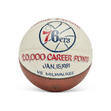 View full screen - View 1 of Lot 122. Julius Erving Philadelphia 76ers 20,000th Career Point Game-Used Basketball | January 15, 1981 vs. Milwaukee Bucks.