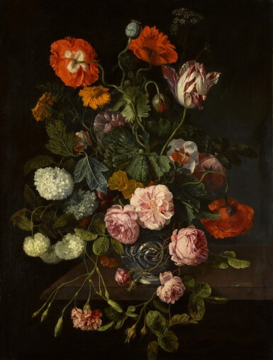 View full screen - View 1 of Lot 155. Still life with parrot tulips, poppies, roses, snowballs, and other flowers in an auricular silver vase on a stone ledge.