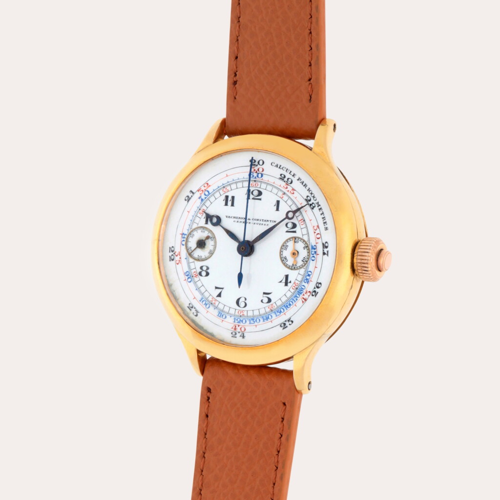 View full screen - View 1 of Lot 105. Reference 3307 | A yellow gold mono-pusher chronograph wristwatch | Circa 1928.