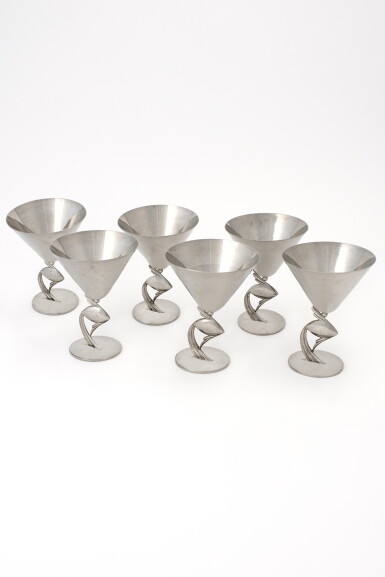 View full screen - View 1 of Lot 12. A SET OF SIX AUSTRIAN NICKEL-PLATED ART DECO CORDIAL CUPS .