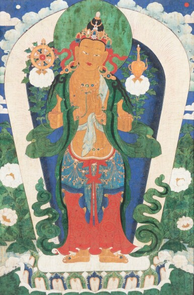 View full screen - View 1 of Lot 191. A rare and large Thangka depicting Green Tara, School of Yonghe Gong Qing Dynasty, 19th century | 清十九世紀 綠度母唐卡.