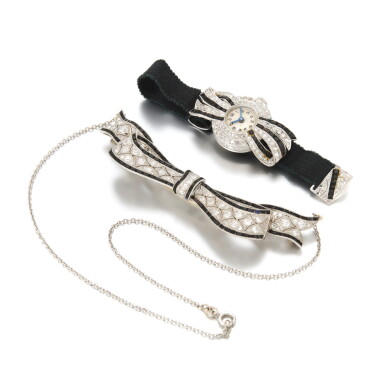 View full screen - View 1 of Lot 23. Diamond and onyx brooch and wristwatch (Spilla ed orologio in onice e diamanti).