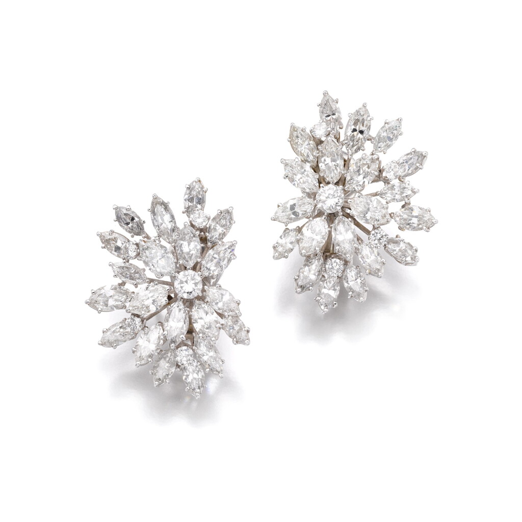 View full screen - View 1 of Lot 390. Pair of diamond ear clips, 1960s.