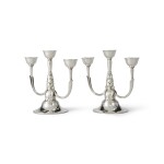 PAIR OF DANISH SILVER THREE-LIGHT CANDELABRA, NO. 537C, DESIGNED BY HARALD NIELSEN, GEORG JENSEN SILVERSMITHY, COPENHAGEN, CIRCA 1945-77