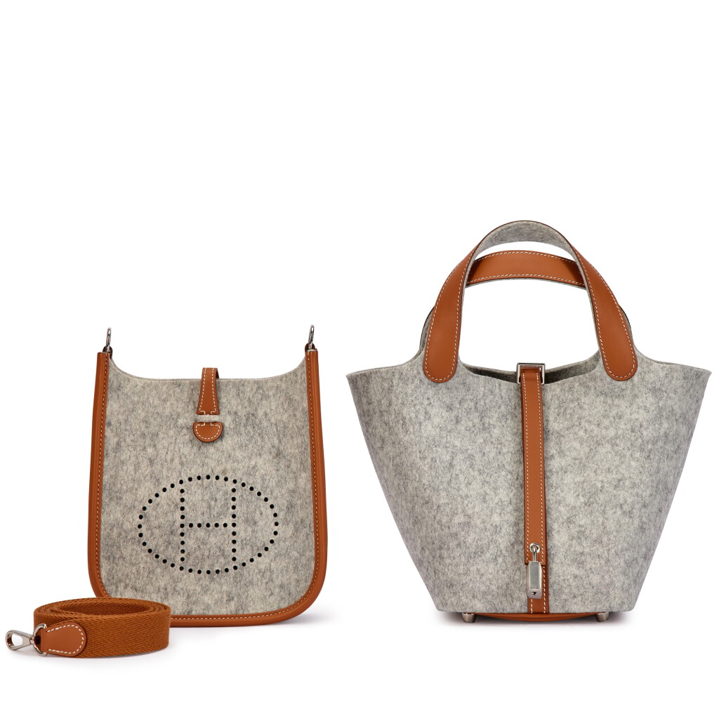 View full screen - View 1 of Lot 3078. Set of Two Limited Edition Gris Clair Felt and Gold Swift Mini Evelyne II TPM 16 Palladium Hardware, 2021 and Limited Edition Gris Clair Felt and Gold Swift Picotin Lock 18 Palladium Hardware, 2021.