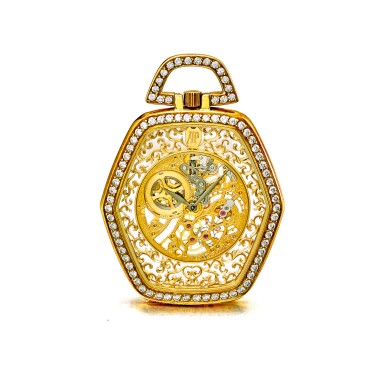 View full screen - View 1 of Lot 824. AUDEMARS PIGUET | A YELLOW GOLD AND DIAMOND SET SKELETONIZED HEXAGONAL OPEN FACED WATCH, CIRCA 1985 | 愛彼 | 黃金鑲鑽石鏤空懷錶,年份約1985.