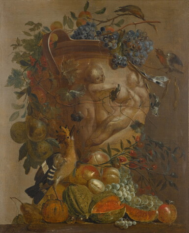 View full screen - View 1 of Lot 126. JACOBUS VONCK | STILL LIFE OF MELONS, GRAPES, PEACHES AND OTHER FRUITS IN A STONE URN DECORATED WITH PUTTI, WITH A HOOPOE AND OTHER BIRDS.