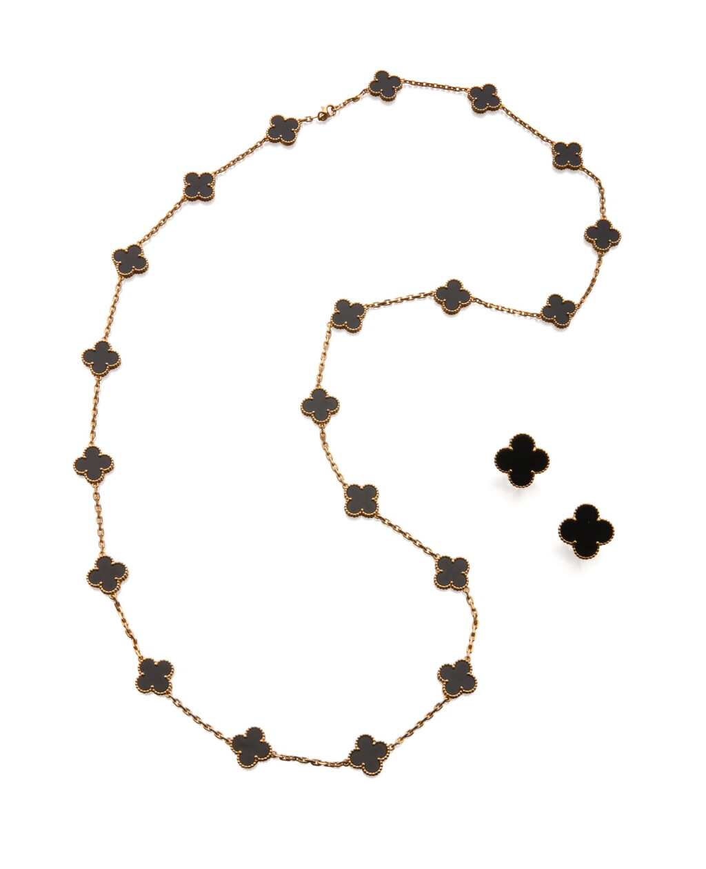 View full screen - View 1 of Lot 23. ONYX 'ALHAMBRA' NECKLACE AND PAIR OF EARCLIPS, VAN CLEEF & ARPELS.