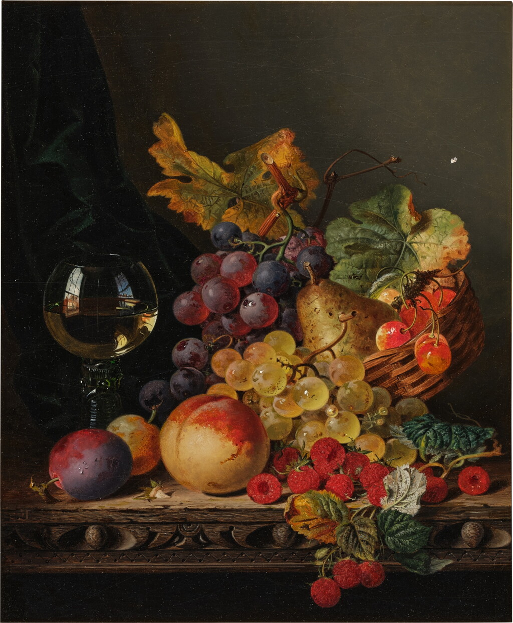 View full screen - View 1 of Lot 666. Still Life with Plums, Peaches, Grapes and Glass and a Carpet on a Marble Tabletop; Still Life with Peaches, Grapes, Raspberries in a Basket with a Glass of Wine: a pair.