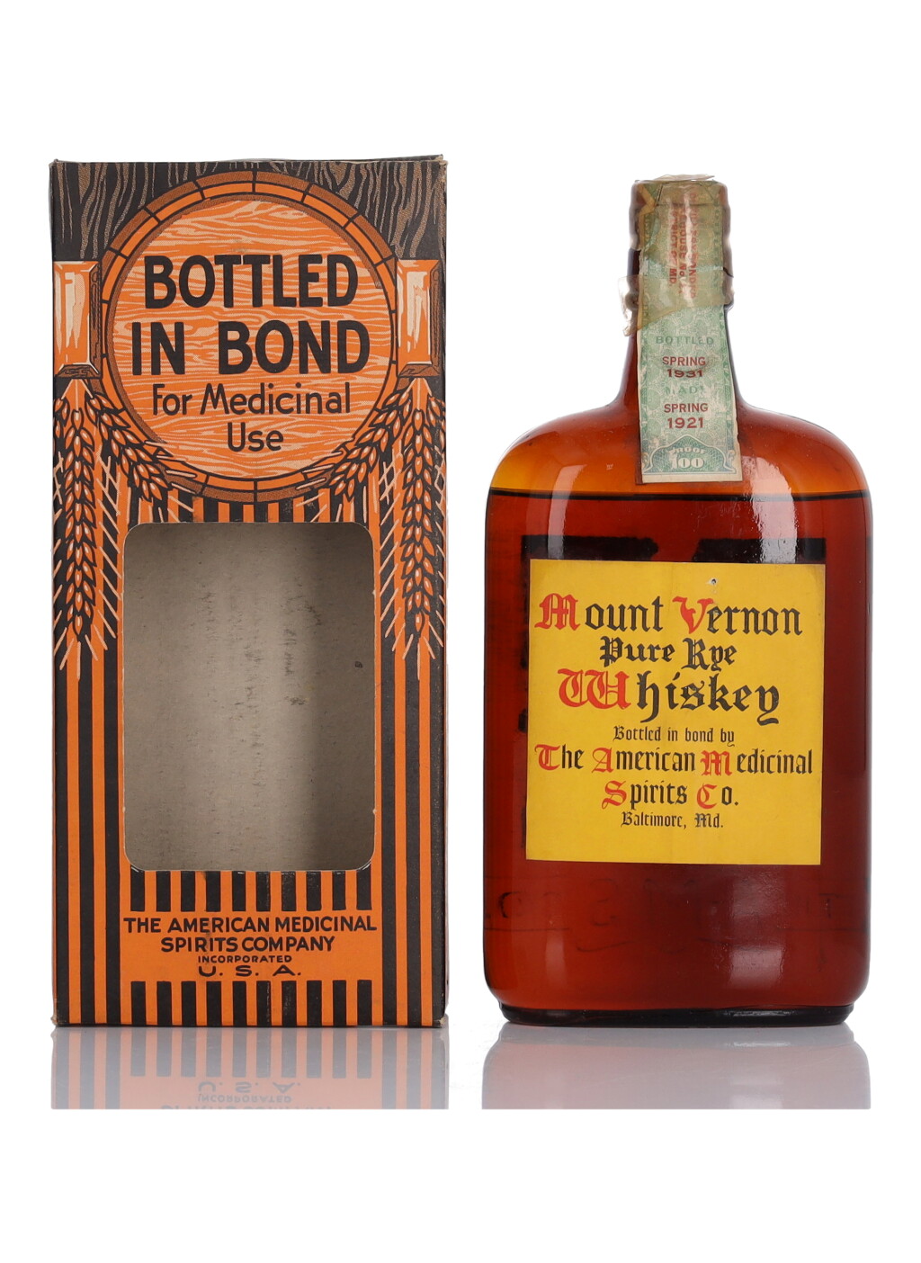 View full screen - View 1 of Lot 233. Mount Vernon Pure Rye Whiskey 100 Proof 1921 (1 Pint).
