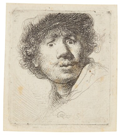 View full screen - View 1 of Lot 60. REMBRANDT HARMENSZ. VAN RIJN | SELF-PORTRAIT IN A CAP, WIDE-EYED AND OPEN-MOUTHED (B., HOLL. 320; NEW HOLL. 69; H. 32).