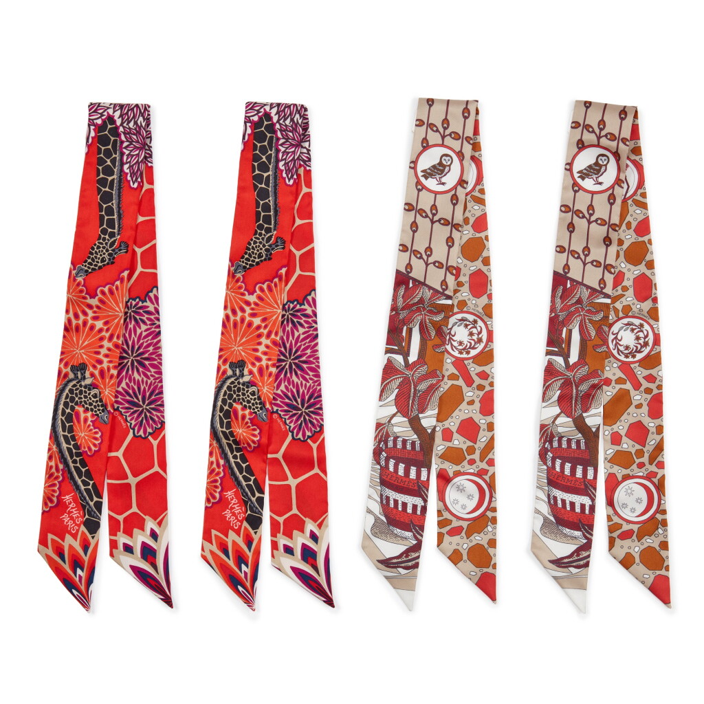 View full screen - View 1 of Lot 214. A Set of Four: Multicolor Silk La Danse des Amazones and Two The Three Graces Twilly Scarves, 2010's.