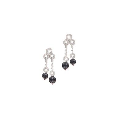 View full screen - View 1 of Lot 34. PAIR OF DIAMOND, ONYX AND RUBY 'AGRAFE' EARCLIPS, CARTIER.