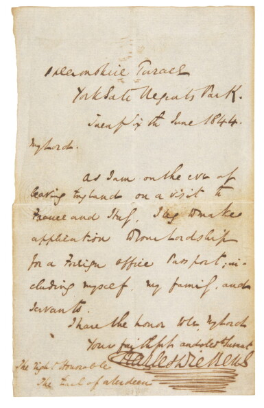 View full screen - View 1 of Lot 123. Dickens, Autograph letter signed to Earl of Aberdeen, 26 June 1844.
