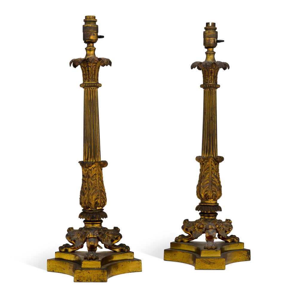 View full screen - View 1 of Lot 179. A pair of George IV gilt-brass lamps, circa 1825, attributed to William Collins.