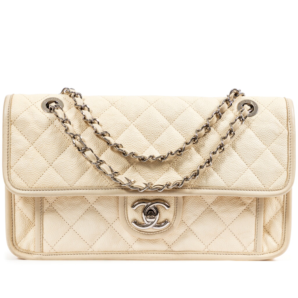 View full screen - View 1 of Lot 749. Off-White Quilted Caviar Medium French Riviera Flap Bag Silver Hardware, 2011.