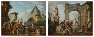 View full screen - View 1 of Lot 4. Architectural capriccio with a Sibyl in front of the pyramid of Cestius; Capriccio with an apostle preaching in Roman ruins.