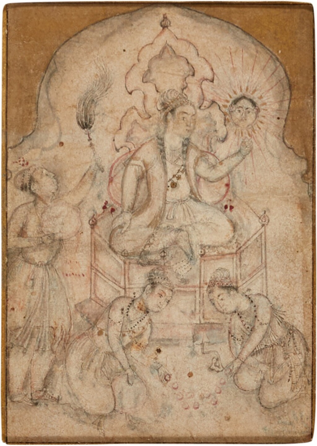 View full screen - View 1 of Lot 13. A ruler enthroned holding a mirror or sun-disc, probably Iskandar and the magic mirror, India, Deccan, Ahmednagar, late 16th century.