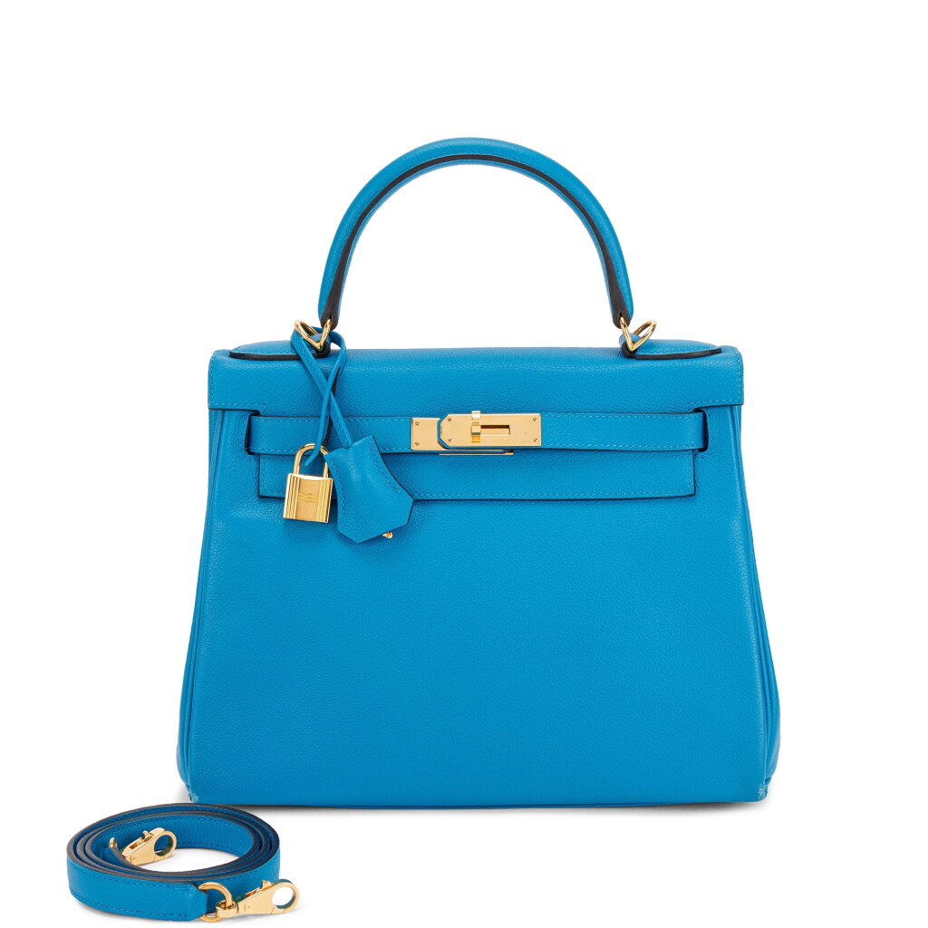 View full screen - View 1 of Lot 569. Bleu Zanzibar Evercolor Kelly 28 Retourné Gold Hardware, 2017 and Twilly.