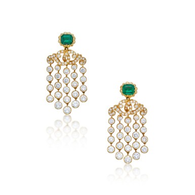 View full screen - View 1 of Lot 133. Pair of Emerald and Diamond Earclips, France.