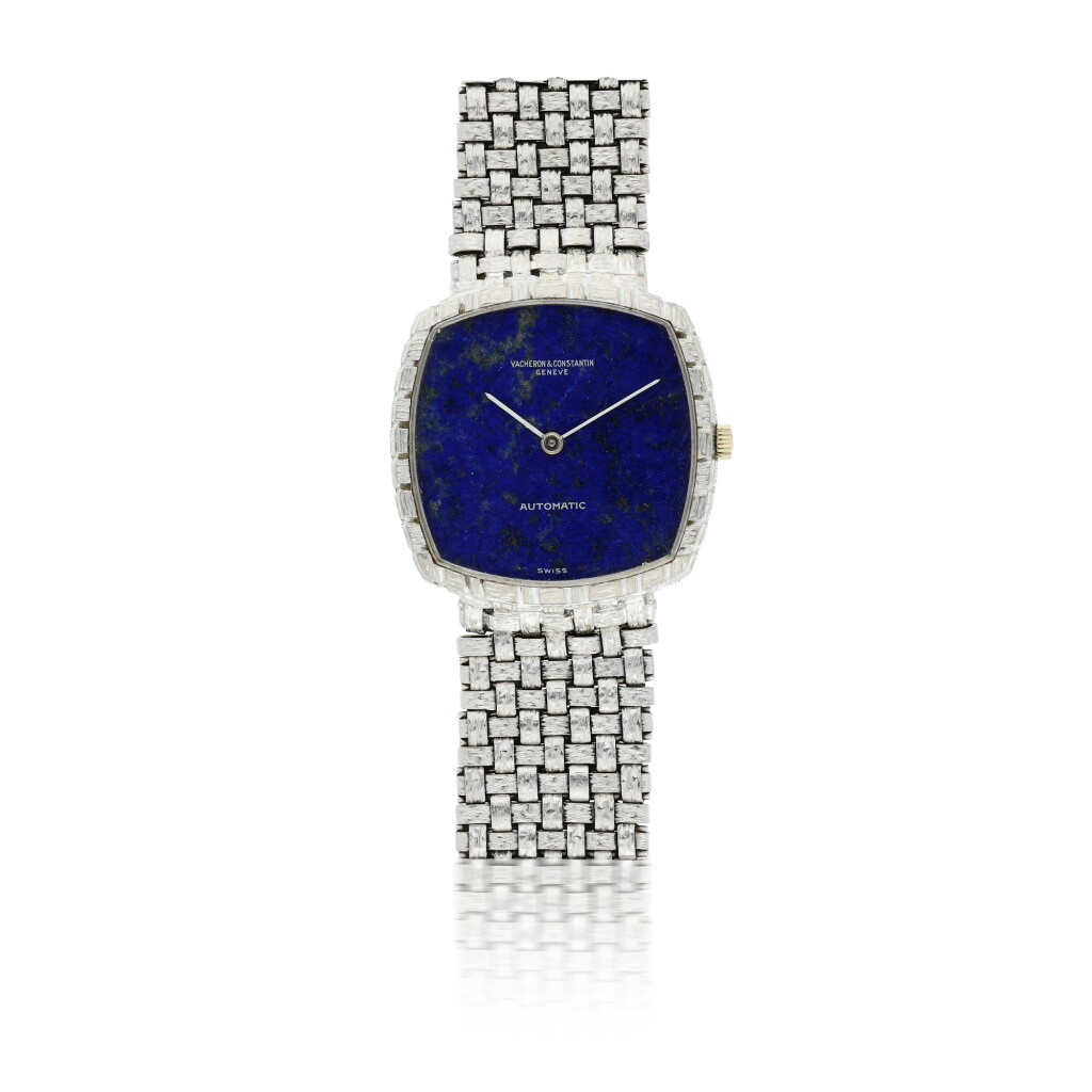 View full screen - View 1 of Lot 187. VACHERON CONSTANTIN | REF 7391, A WHITE GOLD AUTOMATIC CUSHION-SHAPED BRACELET WATCH WITH LAPIS LAZULI DIAL CIRCA 1975.
