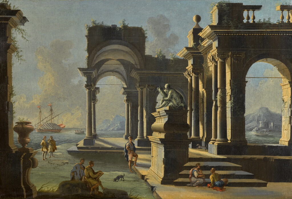 View full screen - View 1 of Lot 176. ATTRIBUTED TO LEONARDO COCCORANTE | A coastal landscape with an artist sketching within a classical setting .