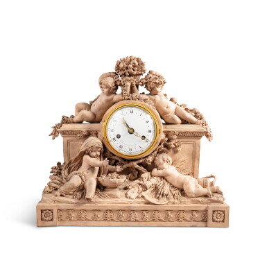 View full screen - View 1 of Lot 36. A terra cotta mantel clock, late 18th-early 19th century, workshop of Joseph Charles Marin | Pendule en terre cuite, fin XVIIIe-début XIXe siècle, atelier de Joseph-Charles Marin.