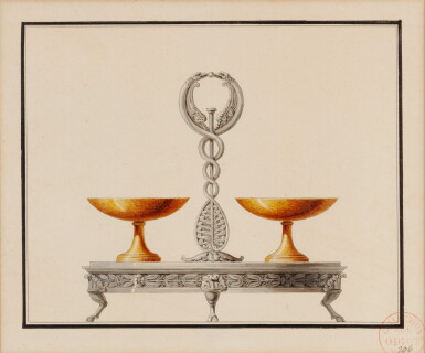 View full screen - View 1 of Lot 48. Pen on black ink, black and brown wash, representing a double saltcellar, stamped Collection JBC Odiot n°206 | Dessin à la plume, encre noire, lavis d'encre noire et bistre, représentant une salière double, cachet Collection JBC Odiot n°206 .