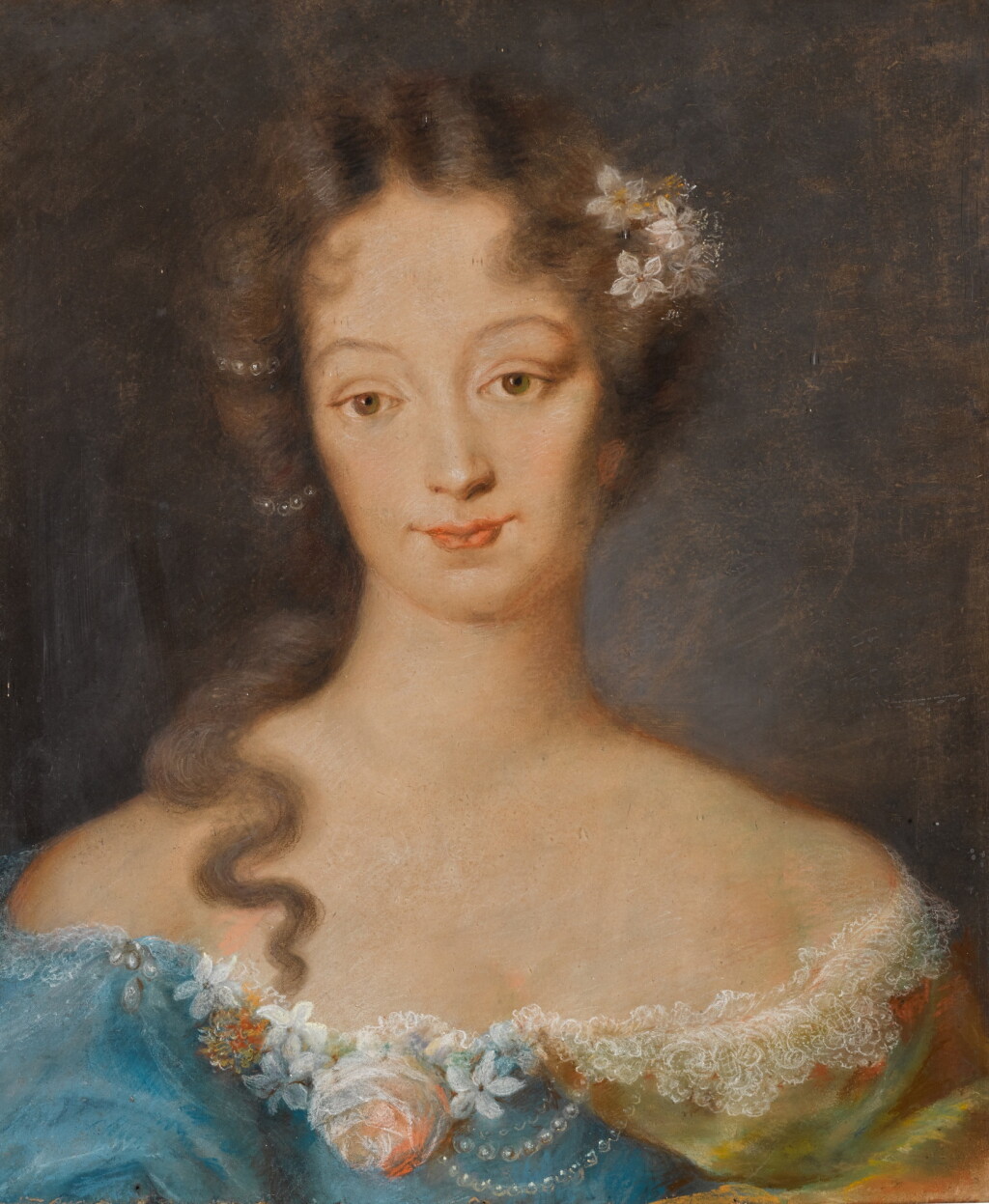 View full screen - View 1 of Lot 107. Portrait of a young Lady with flowers in her hair, possibly La Comtesse de Grignan, after Pierre Mignard.