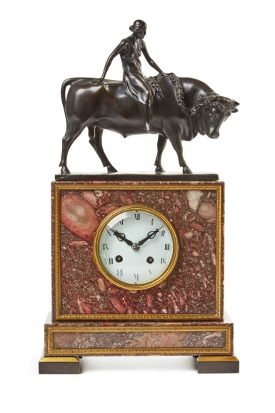 View full screen - View 1 of Lot 98. A PATINATED BRONZE AND GILT-MOUNTED BRECHE VIOLETTE MARBLE SCULPTURAL MANTEL CLOCK, GERMAN, CIRCA 1925.
