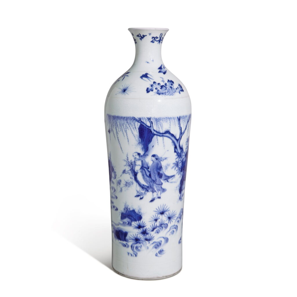 View full screen - View 1 of Lot 204. A blue and white 'immortals' cylindrical vase, Transitional period, circa 1640 | 過渡期 約1640年 青花人物故事圖瓶.