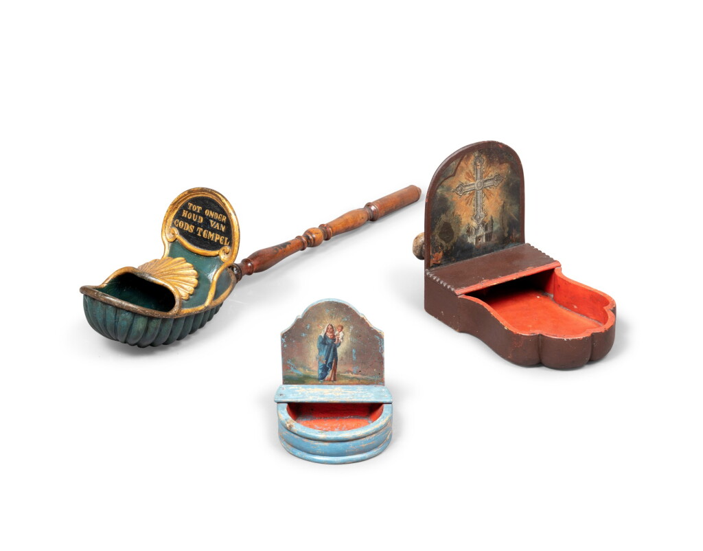 View full screen - View 1 of Lot 180. A group of three various painted wood offertory boxes | Lots de trois objets votifs en bois peint polychrome .