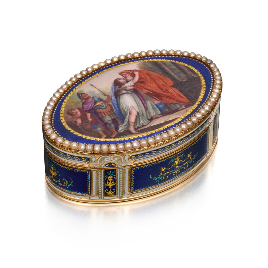 View full screen - View 1 of Lot 1525. A pearl-set gold and enamel snuff box, Jean George Rémond and Guidon, Rémond, Gide, Geneva, 1790-1795.
