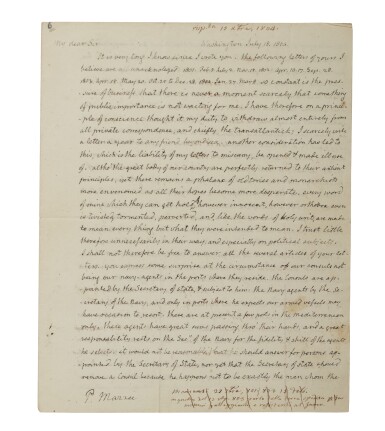 View full screen - View 1 of Lot 3. THOMAS JEFFERSON | In a compelling and wide-ranging letter to his old friend Philip Mazzei, Thomas Jefferson expresses confidence in the "incalculable value" of the just-completed Louisiana Purchase.