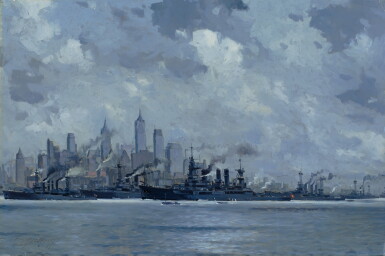 View full screen - View 1 of Lot 426. German Warships in New York Harbor Honoring the Visit of Kaiser Wilhelm's Son, with a View of the New York Skyline.