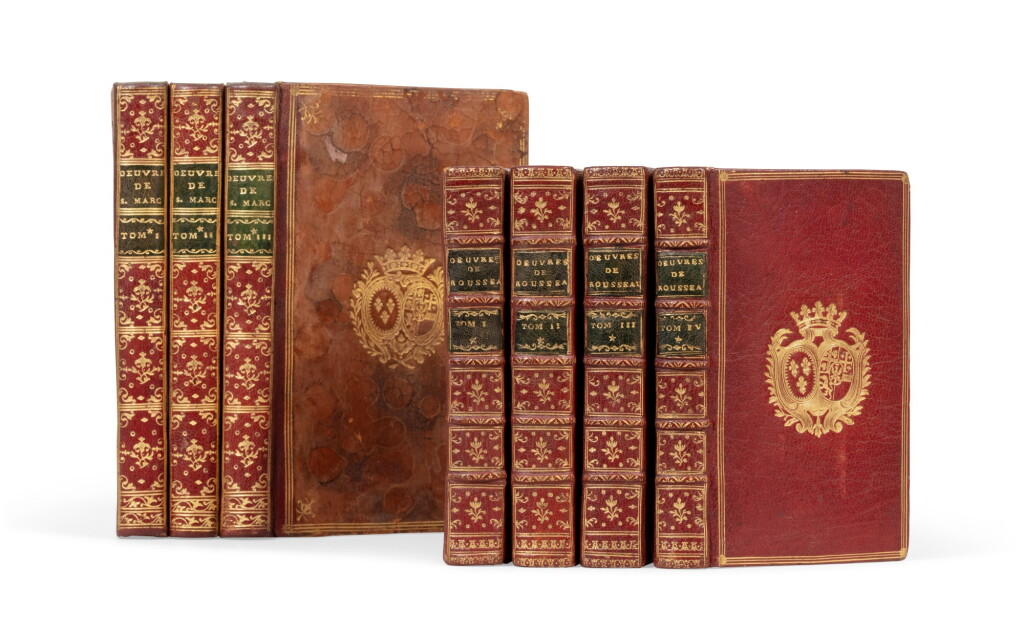 View full screen - View 1 of Lot 92. Réunion de 2 ouvrages en 7 volumes reliés aux armes de la comtesse de Provence.