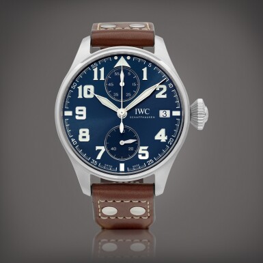 View full screen - View 1 of Lot 768. Big Pilot "Le Petit Prince", Reference IW515202 | A limited edition stainless steel single button chronograph wristwatch with date and power reserve indication, Circa 2021 | 萬國 | 大型飛行員 "小王子" 型號IW515202 | 限量版精鋼單按鈕計時腕錶,備日期及動力儲備顯示,約2021年製.