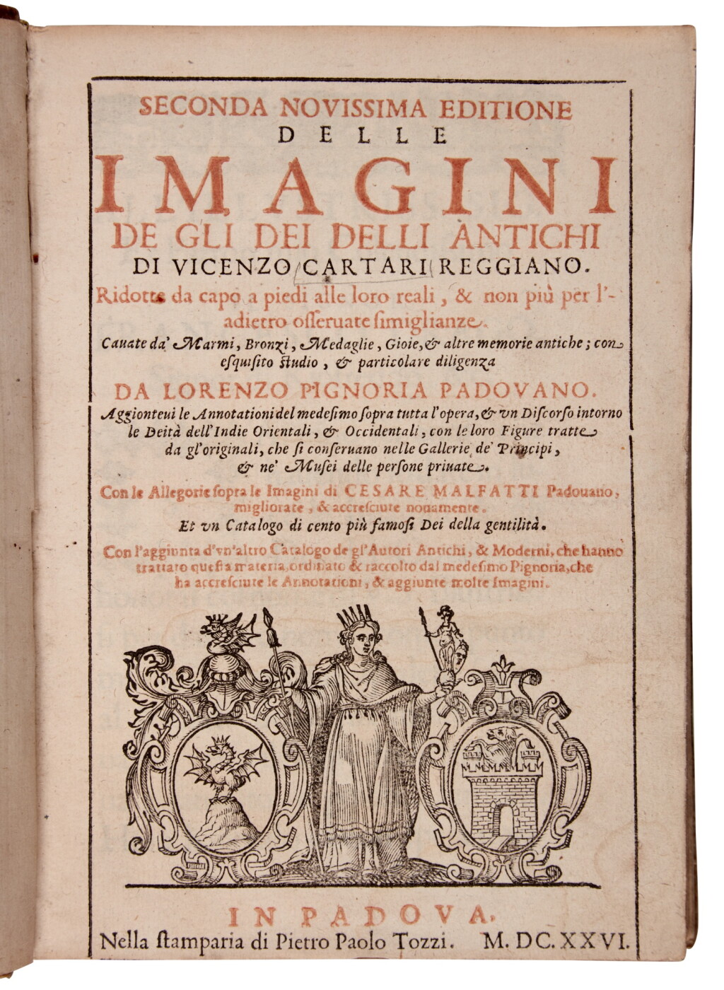 View full screen - View 1 of Lot 480. Cartari, Seconda novissima editione delle imagini de gli dei, Padua, 1626, contemporary vellum.