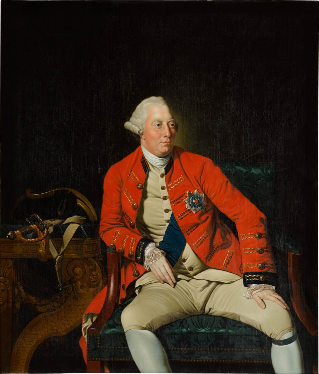 View full screen - View 1 of Lot 76. Portrait of King George III (1738–1820), seated in an armchair, wearing military uniform with the Order of the Garter, a ceremonial sword resting on a console table beside.