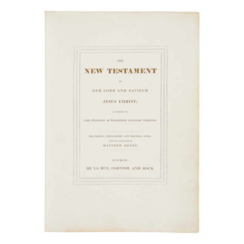 View full screen - View 1 of Lot 103. BIBLE IN ENGLISH. NEW TESTAMENT PRINTED IN GOLD | 'The New Testament...according to The Present Authorized English Version. With commentary by Matthew Henry.' London: De La Rue, Cornish and Rock, ca. 1831.