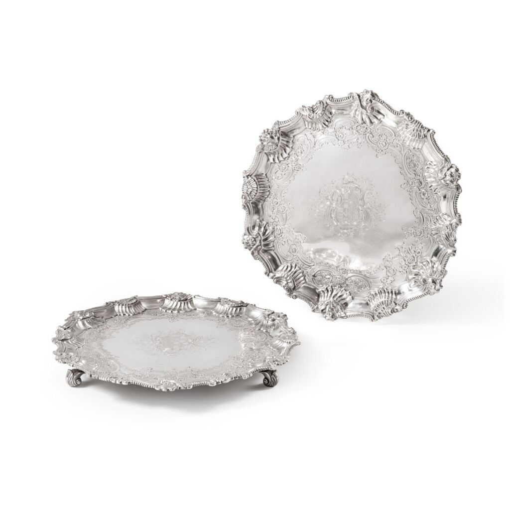 View full screen - View 1 of Lot 864. A pair of George II silver salvers, Hugh Mills, London, 1749.
