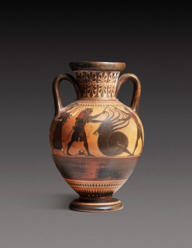 View full screen - View 1 of Lot 50. An Attic Black-figured Neck Amphora, attributed to the Affecter, circa 540-520 B.C..